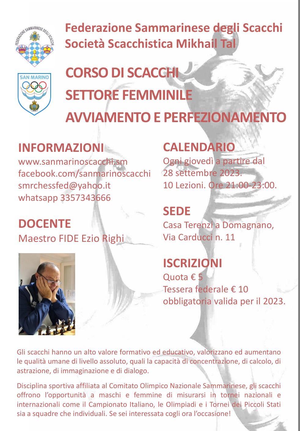 Corso di Scacchi dedicato al Settore Femminile a partire dal 28 settembre 2023